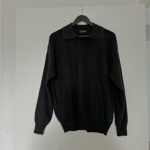 Yuxian Black Waffle Knit V Neck Polo Shirt